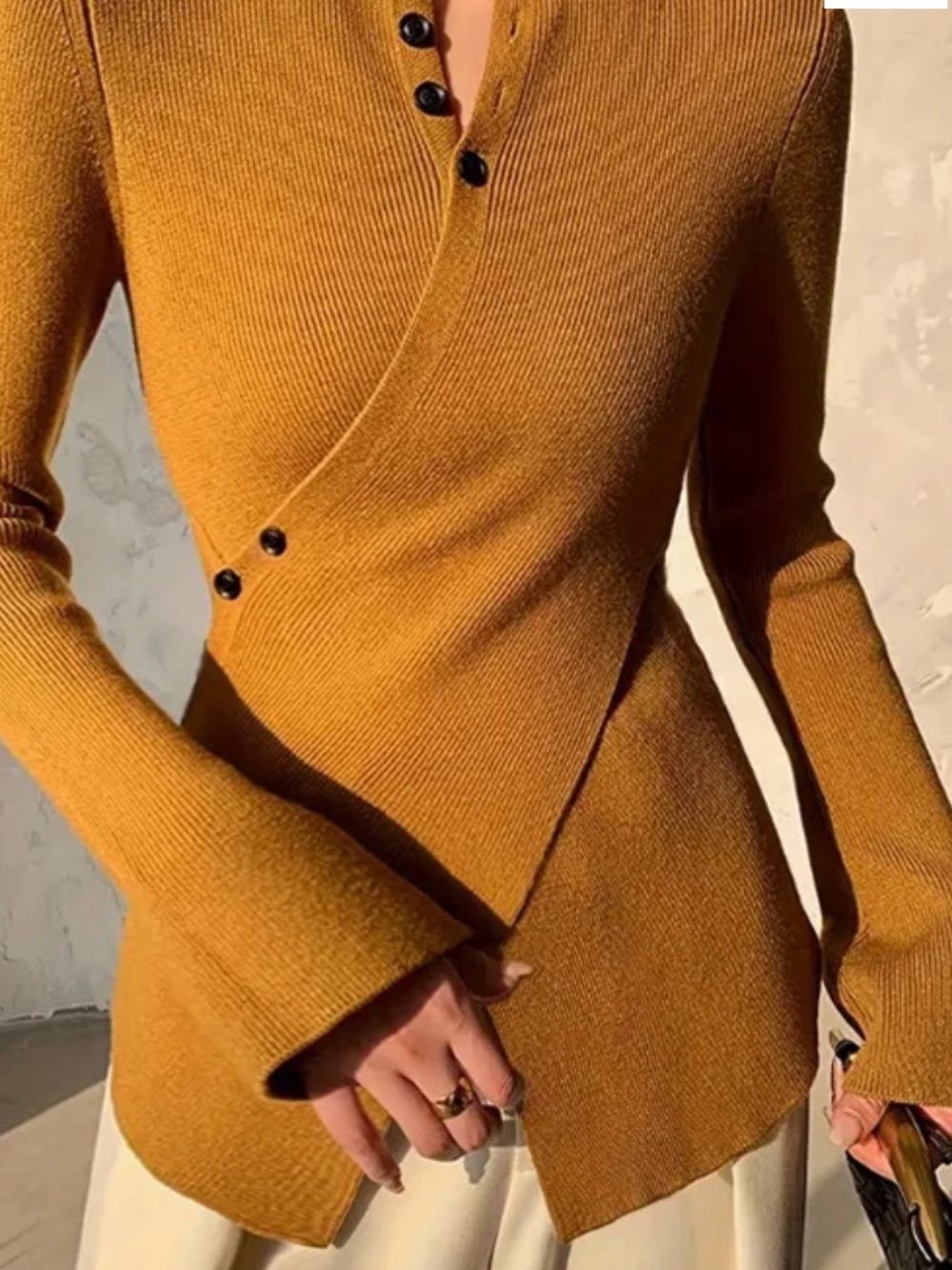 Women’s Mock Wrap Mustard Sweater - fall fashion - asymmetrical